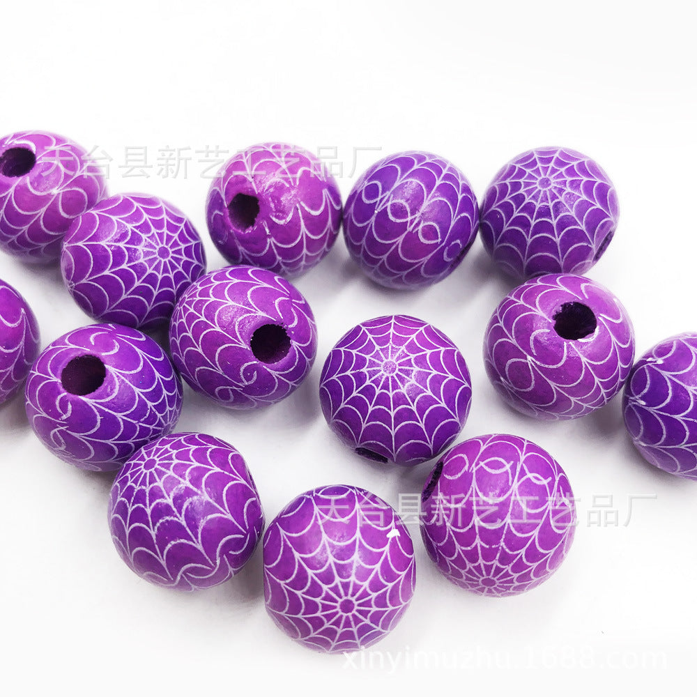 Wholesale 20PCS Halloween Christmas Spider Web Grimace Colorful Wooden Beads